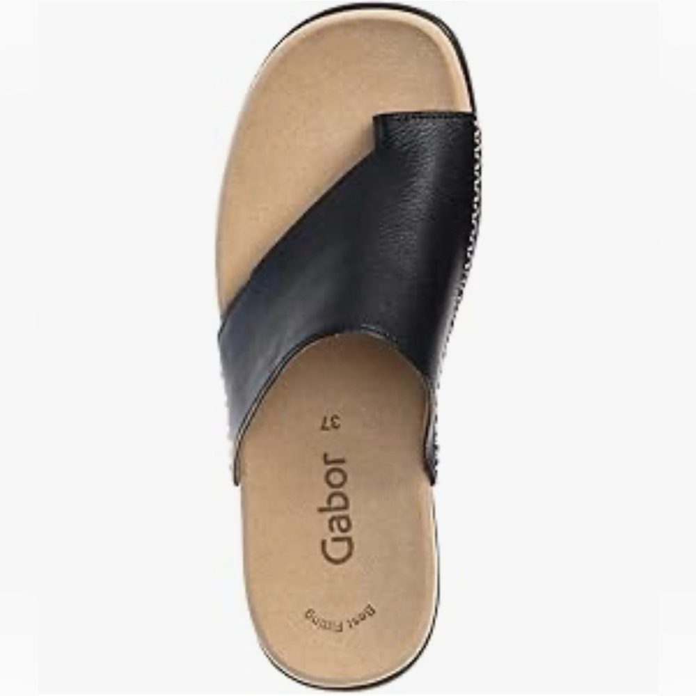 Gabor Men’s Black Leather Toe-Loop Slide with Beige Footbed sandal Size 9 - 9.5